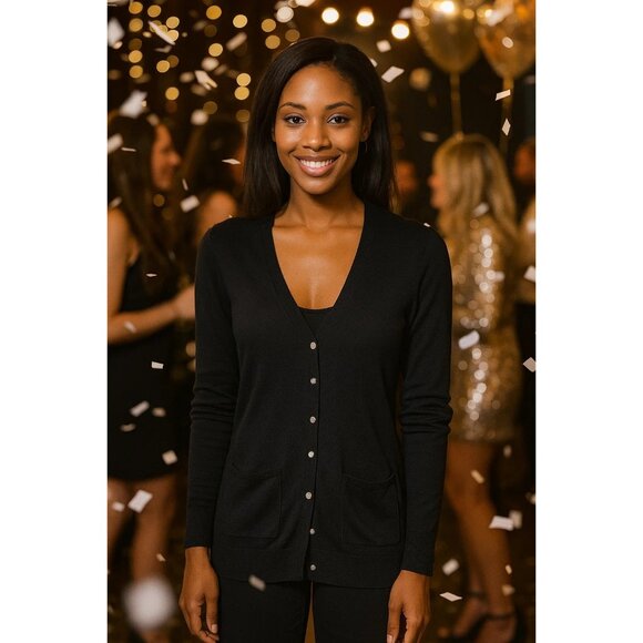 White House Black Market size XL NEW Black Cardigan Sweater Silver Snap front - Picture 8 of 9